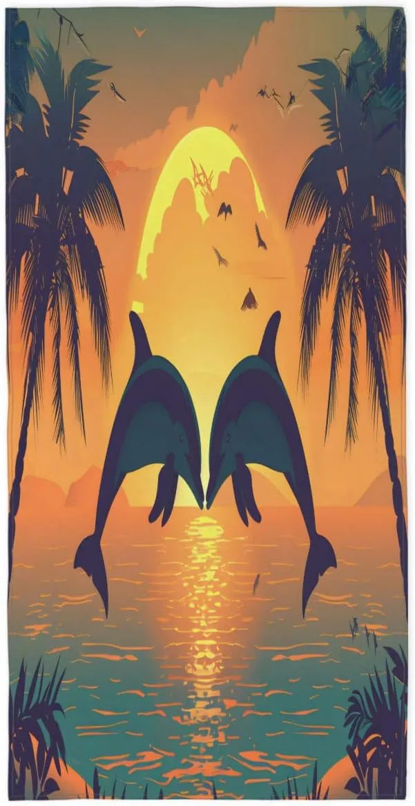 Microfiber Sand Free Sunset Dolphin Jumping Beach Towel, Quick Dry Absorbent Compact Bath Towel for Swimming Pool
