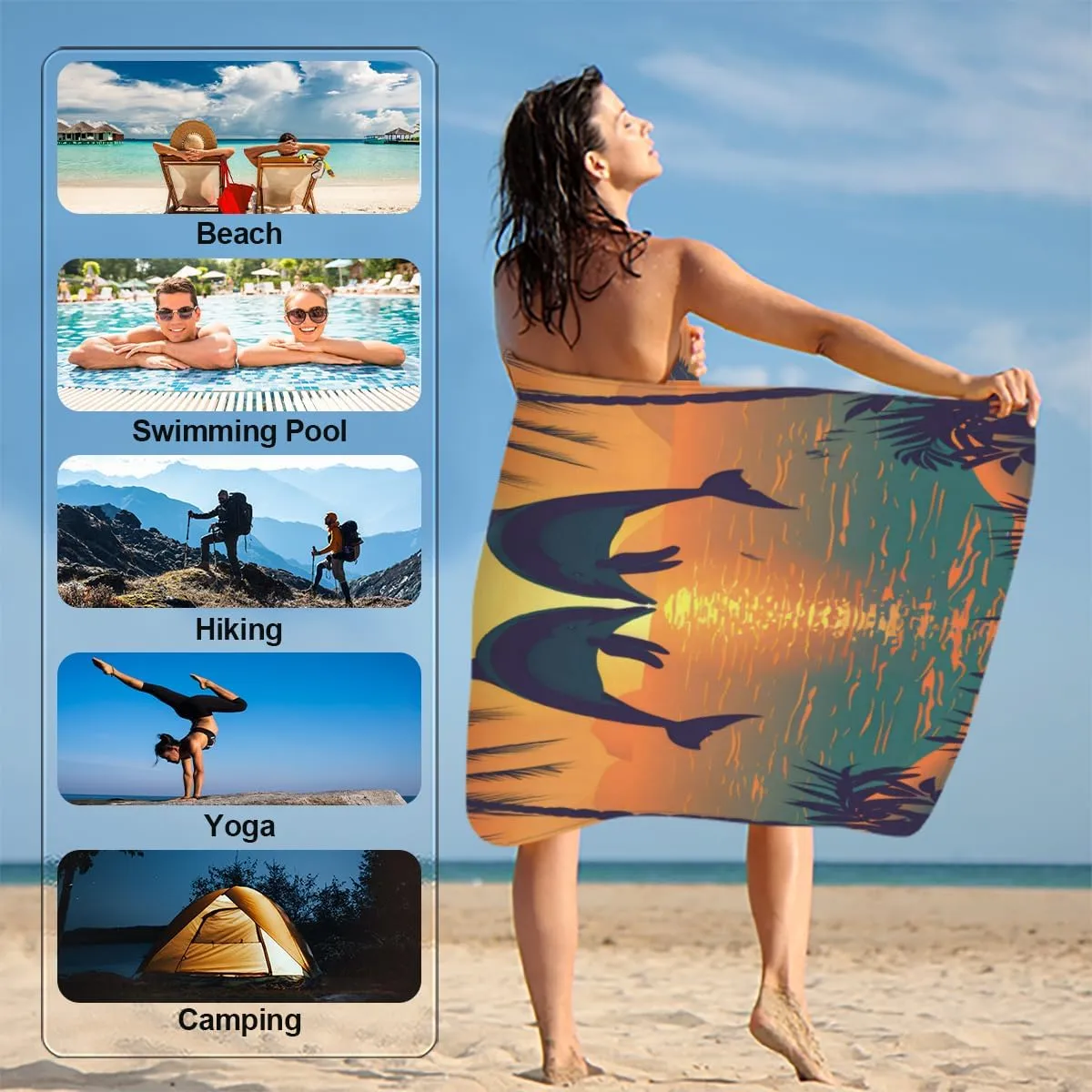 Microfiber Sand Free Sunset Dolphin Jumping Beach Towel, Quick Dry Absorbent Compact Bath Towel for Swimming Pool