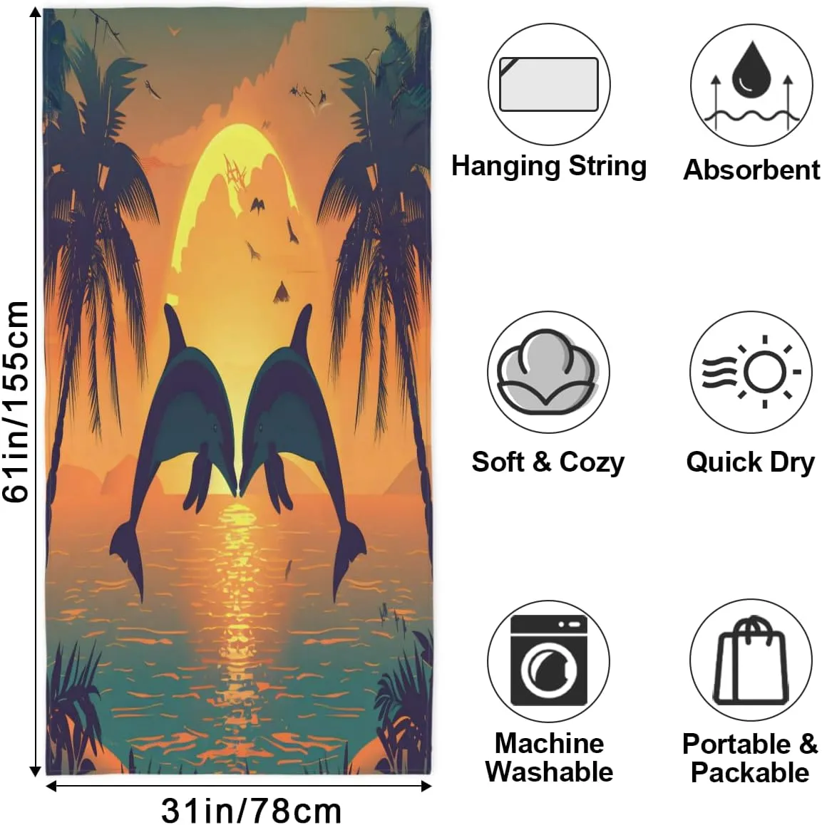 Microfiber Sand Free Sunset Dolphin Jumping Beach Towel, Quick Dry Absorbent Compact Bath Towel for Swimming Pool