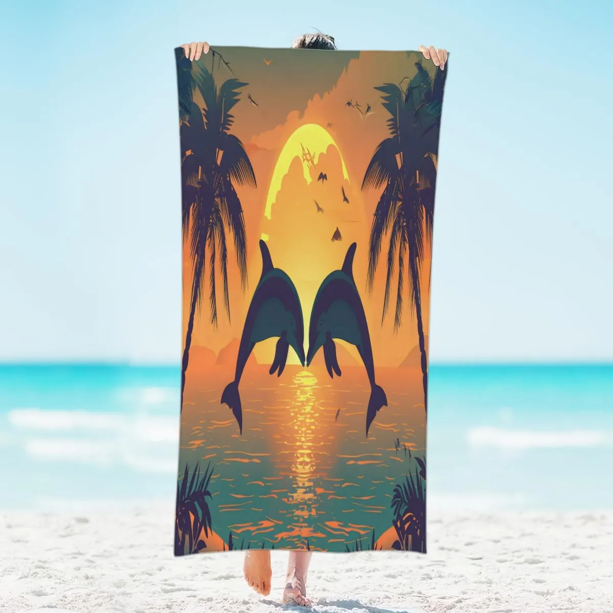 Microfiber Sand Free Sunset Dolphin Jumping Beach Towel, Quick Dry Absorbent Compact Bath Towel for Swimming Pool