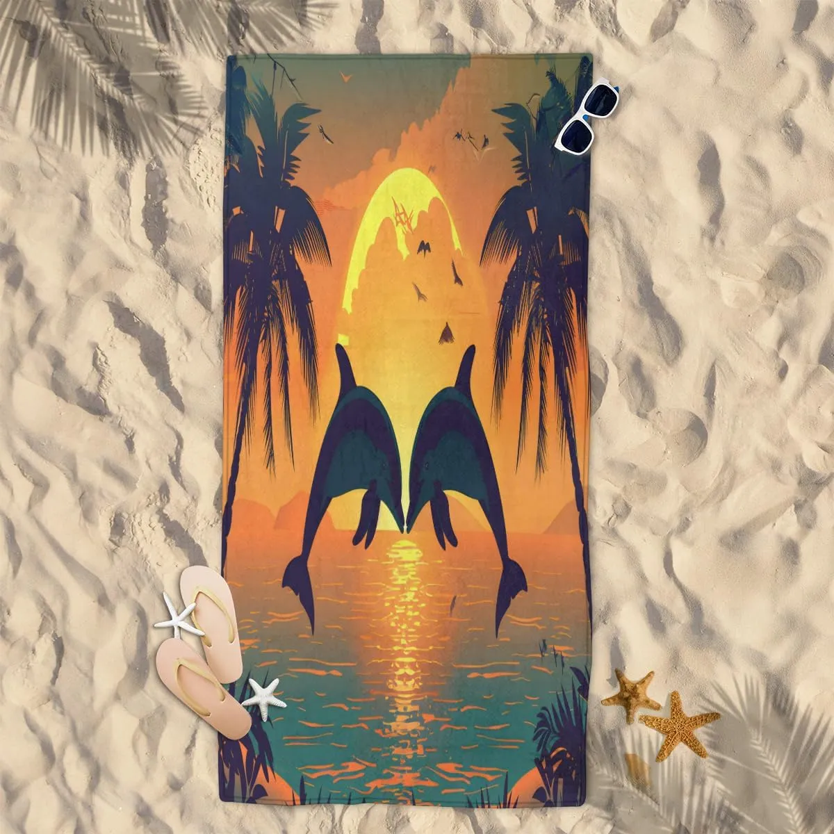 Microfiber Sand Free Sunset Dolphin Jumping Beach Towel, Quick Dry Absorbent Compact Bath Towel for Swimming Pool