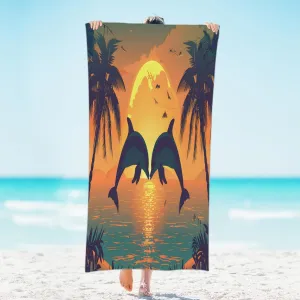Microfiber Sand Free Sunset Dolphin Jumping Beach Towel, Quick Dry Absorbent Compact Bath Towel for Swimming Pool