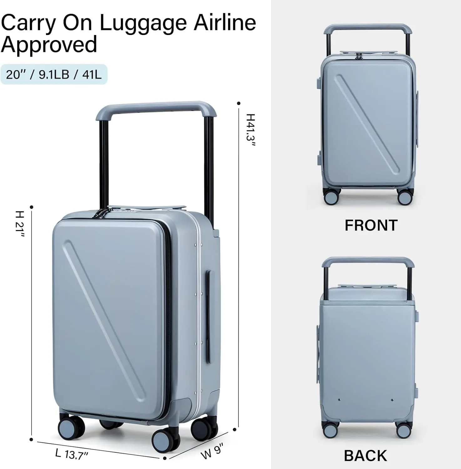 MILADA Luggage Hard Shell Suitcases Airline Approved Carry On Luggage 22x14x9 TSA Approved Luggage 20 Inch Front Opening Pocket Suitcase with Wheels Travel Luggage Wide Handle,Grey