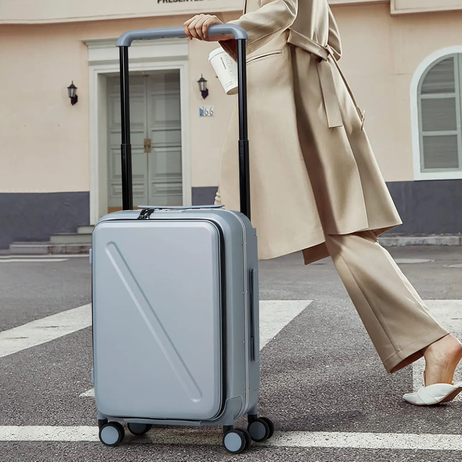 MILADA Luggage Hard Shell Suitcases Airline Approved Carry On Luggage 22x14x9 TSA Approved Luggage 20 Inch Front Opening Pocket Suitcase with Wheels Travel Luggage Wide Handle,Grey