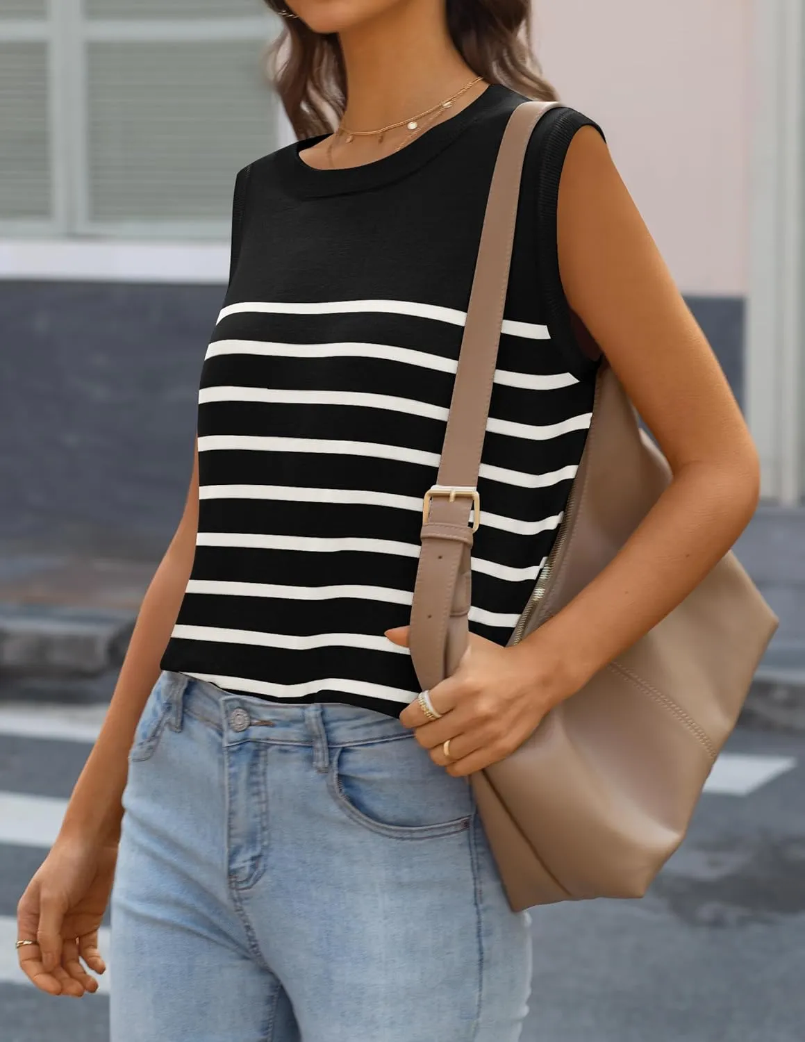 MIROL Women's Sleeveless Striped Tank Tops 2025 Summer Crewneck T-Shirts Basic Knit Casual Loose Blouse