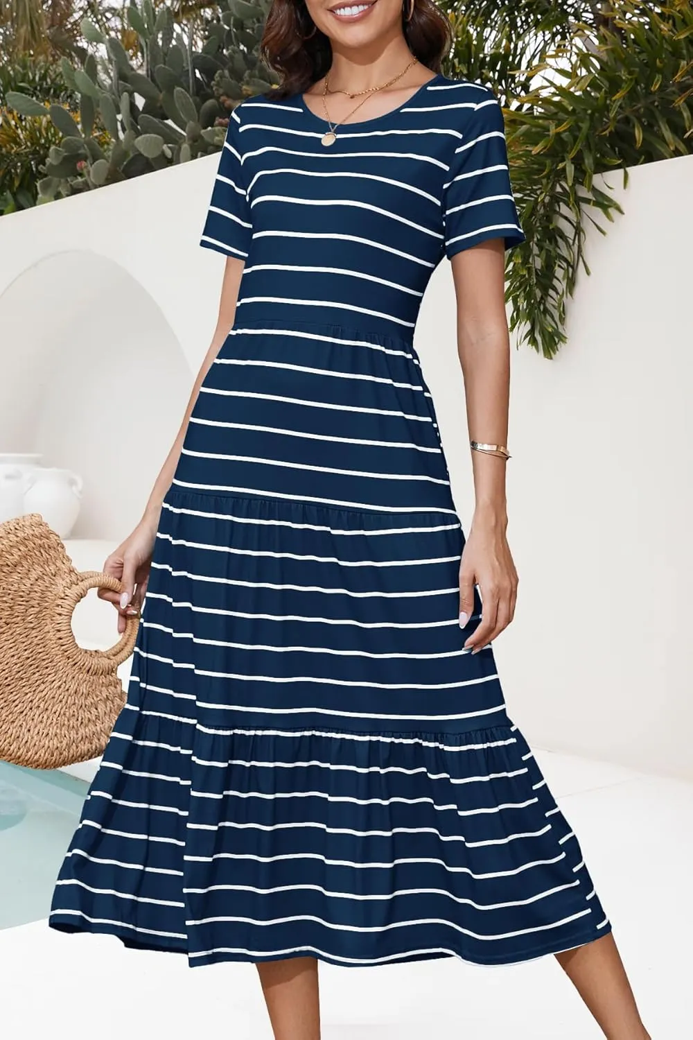 MITILLY Women's 2025 Summer Casual Short Sleeve T Shirt Dress Striped Tiered Swing Beach Maxi Dresses with Pockets