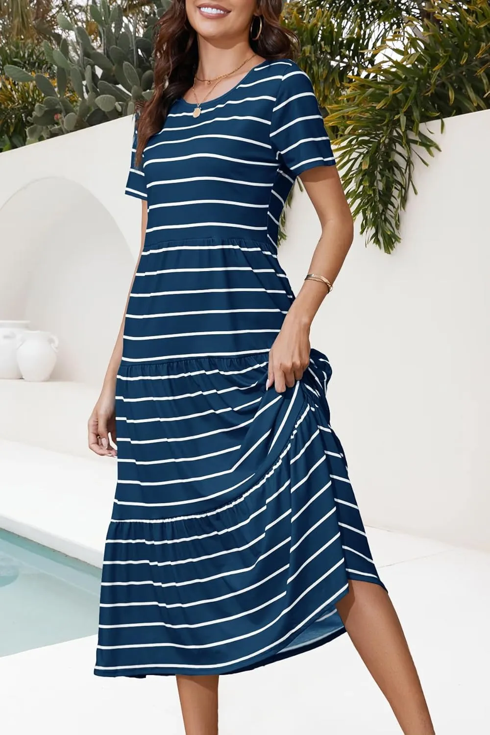 MITILLY Women's 2025 Summer Casual Short Sleeve T Shirt Dress Striped Tiered Swing Beach Maxi Dresses with Pockets