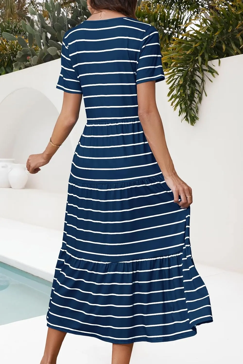 MITILLY Women's 2025 Summer Casual Short Sleeve T Shirt Dress Striped Tiered Swing Beach Maxi Dresses with Pockets