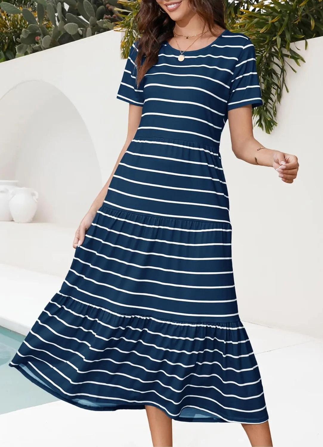 MITILLY Women's 2025 Summer Casual Short Sleeve T Shirt Dress Striped Tiered Swing Beach Maxi Dresses with Pockets