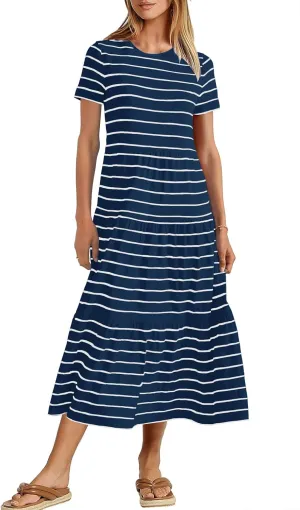 MITILLY Women's 2025 Summer Casual Short Sleeve T Shirt Dress Striped Tiered Swing Beach Maxi Dresses with Pockets