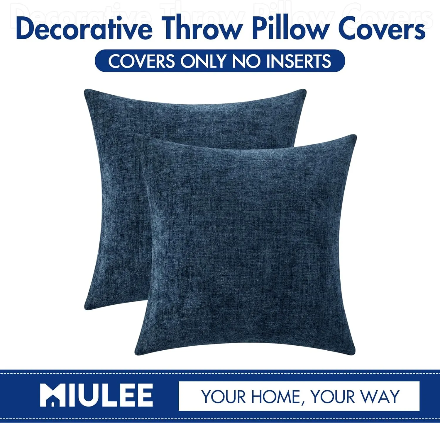 MIULEE Pack of 2 Blue Throw Pillow Covers 18x18 Inch Soft Chenille Pillow Covers for Sofa Living Room Couch Solid Dyed Cases