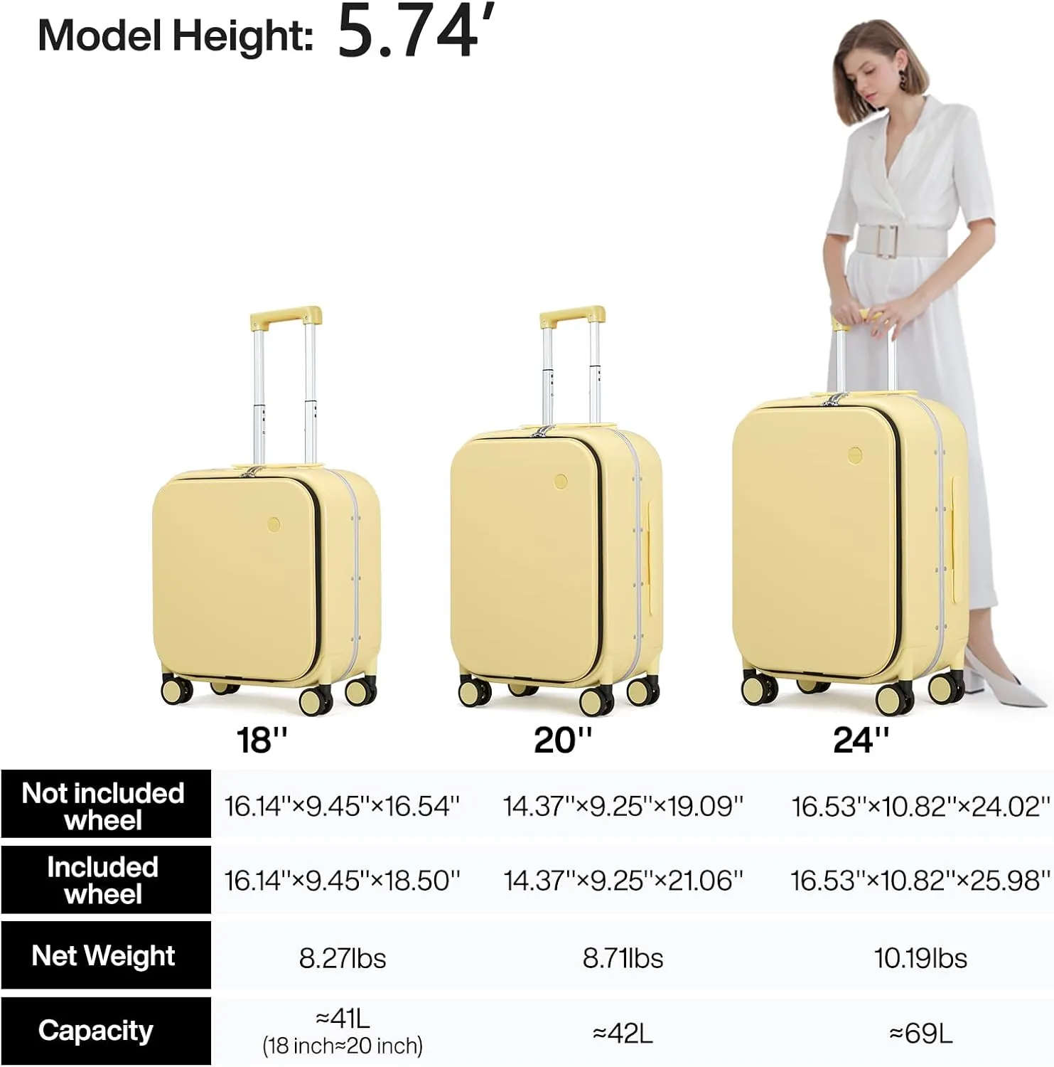 mixi Carry On Luggage, 18” Suitcase with Front Laptop Pocket, Travel Luggage Aluminum Frame PC Hardside with Spinner Wheels & TSA Lock and Cover (Not for Underseat), Lark Yellow