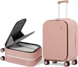 Mixi Carry On Luggage, 20'' Suitcase with Front Laptop Pocket, Travel Rolling Luggage Aluminum Frame PC Hardside with Spinner Wheels & TSA Lock and Cover - Pink