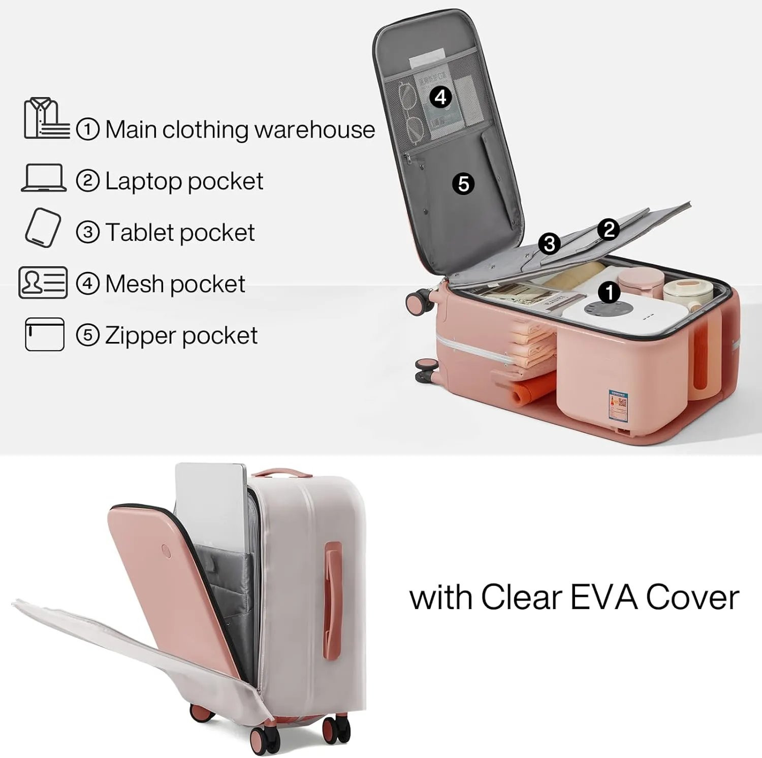 Mixi Carry On Luggage, 20'' Suitcase with Front Laptop Pocket, Travel Rolling Luggage Aluminum Frame PC Hardside with Spinner Wheels & TSA Lock and Cover - Pink