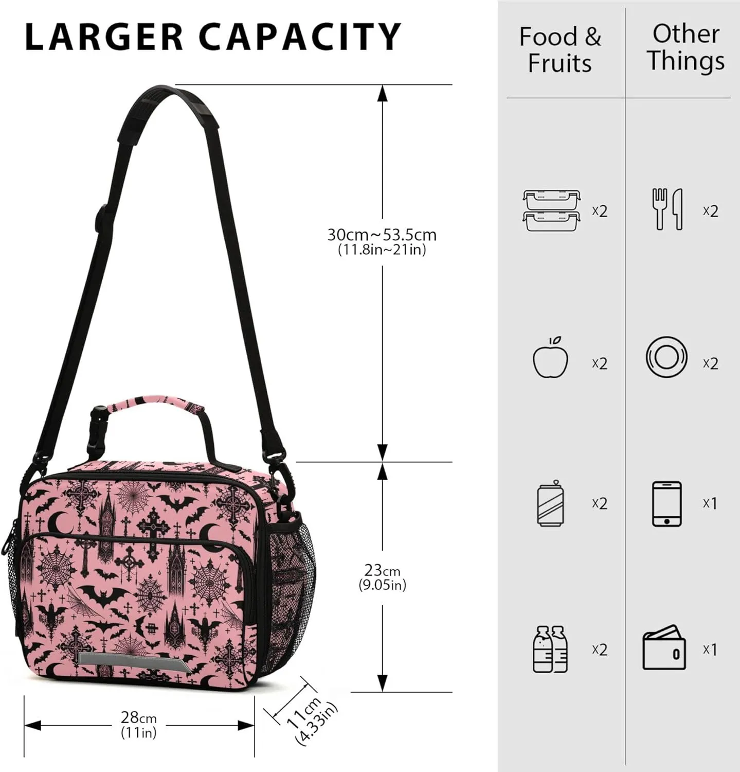 MNSRUU Student Lunch Bag Black Gothic Moon Spider Webs and Bats Insulated DinnerTotes Picnic Bag Lunch Box with Adjustable Shoulder Strap for Teen Kids Adults