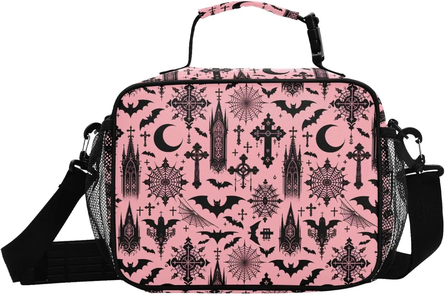 MNSRUU Student Lunch Bag Black Gothic Moon Spider Webs and Bats Insulated DinnerTotes Picnic Bag Lunch Box with Adjustable Shoulder Strap for Teen Kids Adults