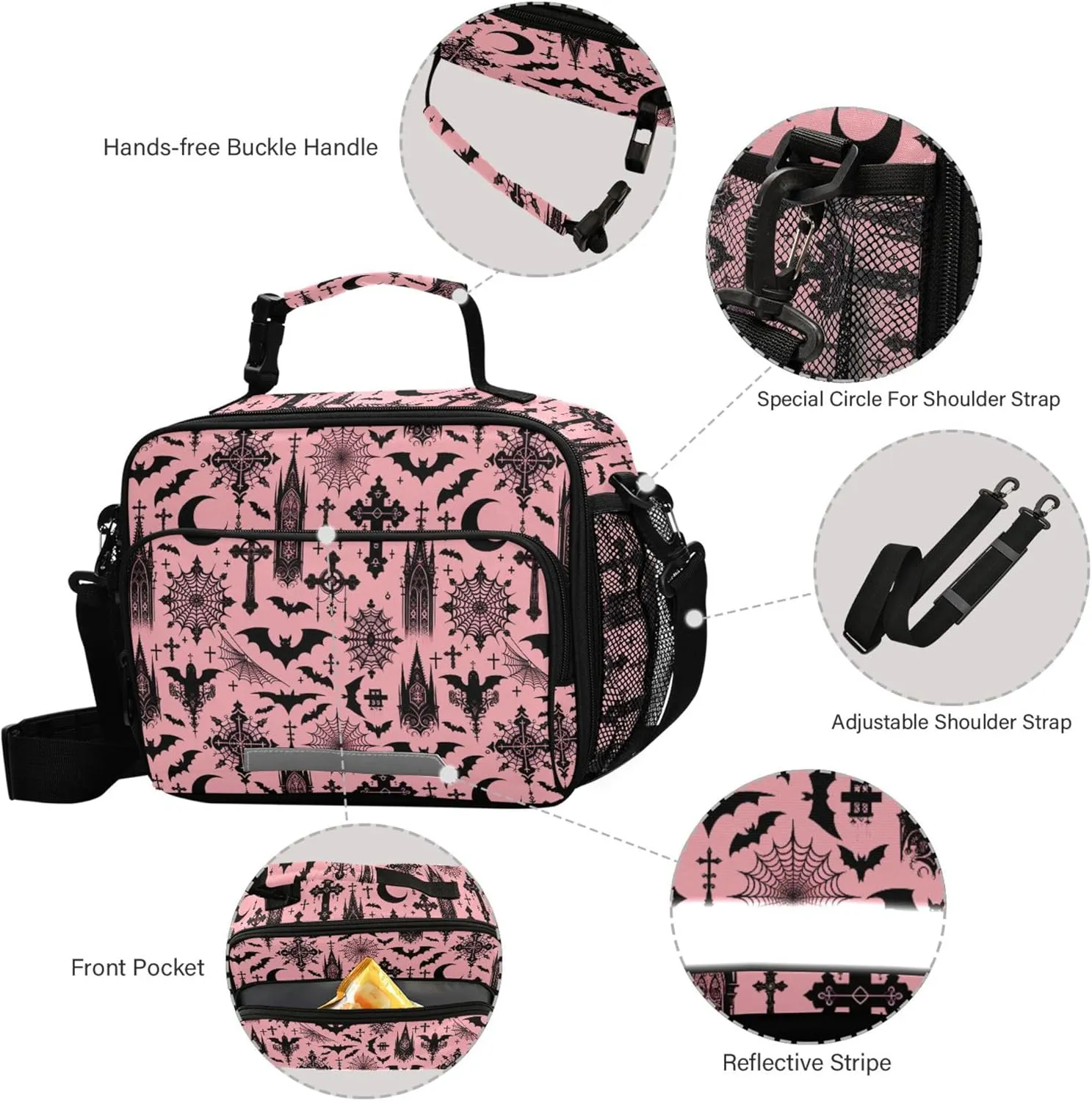 MNSRUU Student Lunch Bag Black Gothic Moon Spider Webs and Bats Insulated DinnerTotes Picnic Bag Lunch Box with Adjustable Shoulder Strap for Teen Kids Adults