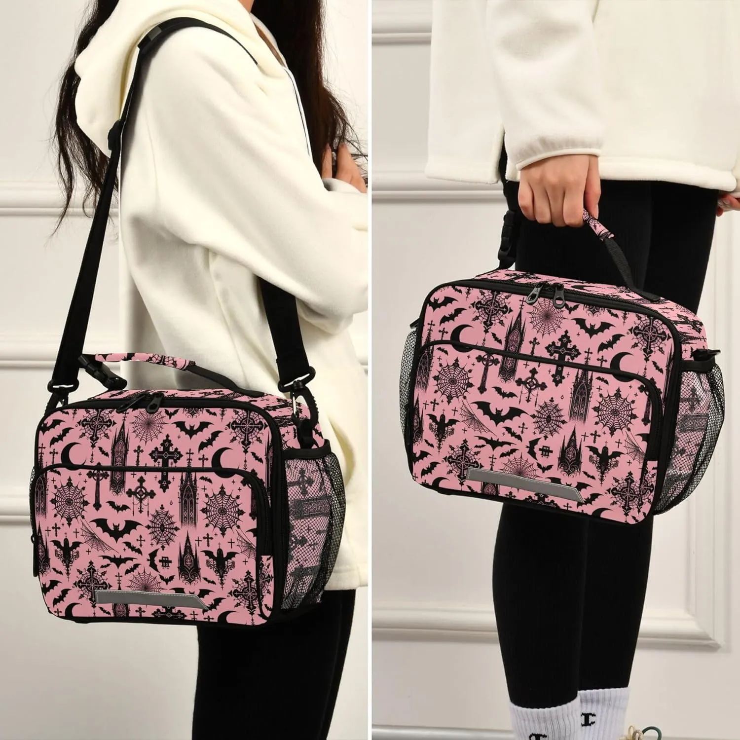 MNSRUU Student Lunch Bag Black Gothic Moon Spider Webs and Bats Insulated DinnerTotes Picnic Bag Lunch Box with Adjustable Shoulder Strap for Teen Kids Adults