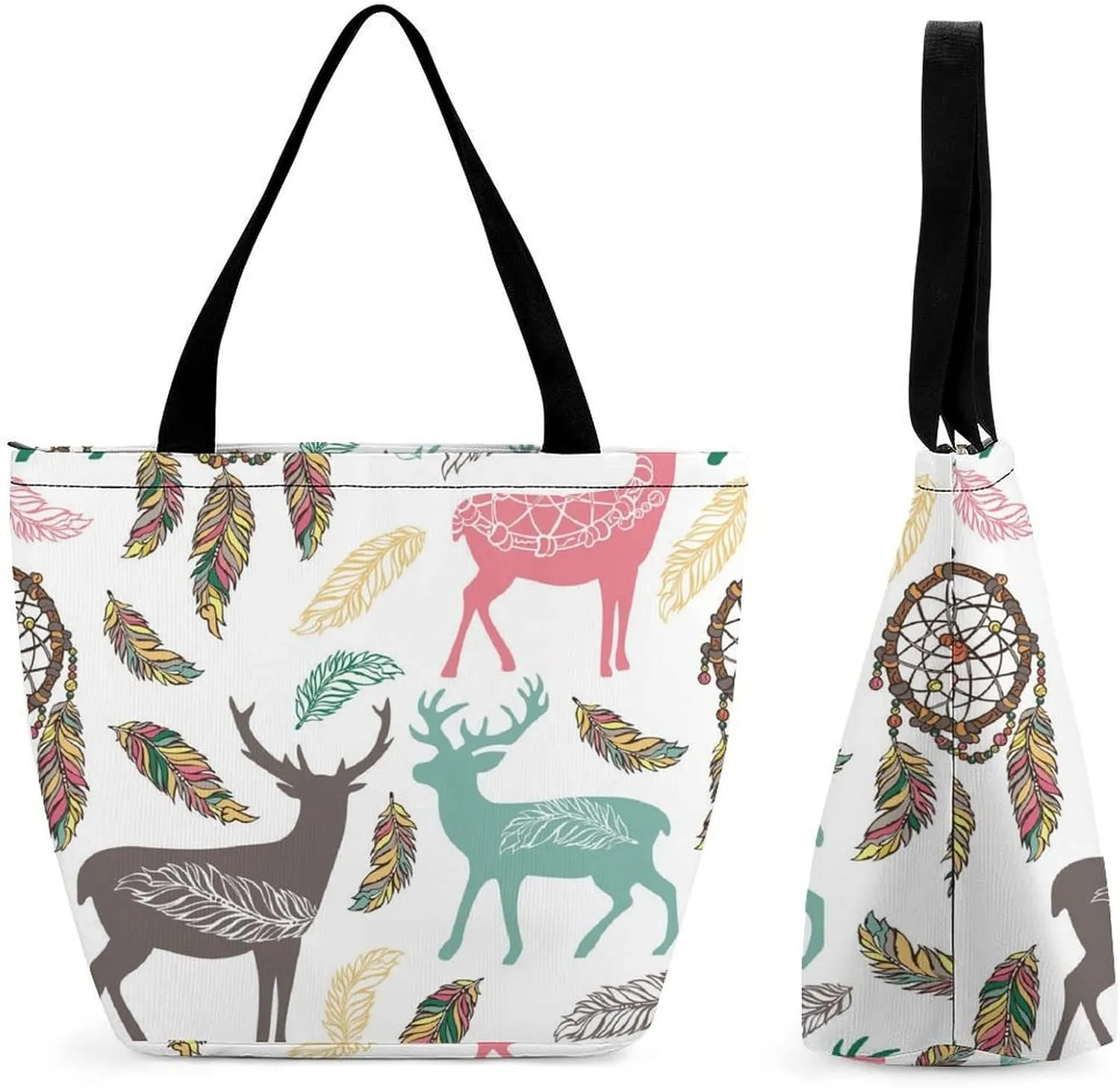 MoBlinko Dream Cather Feathers Womens Tote Bags Reusable Yoga Shoulder Bag Handbag with Zipper for Grocery Shopping Gifts