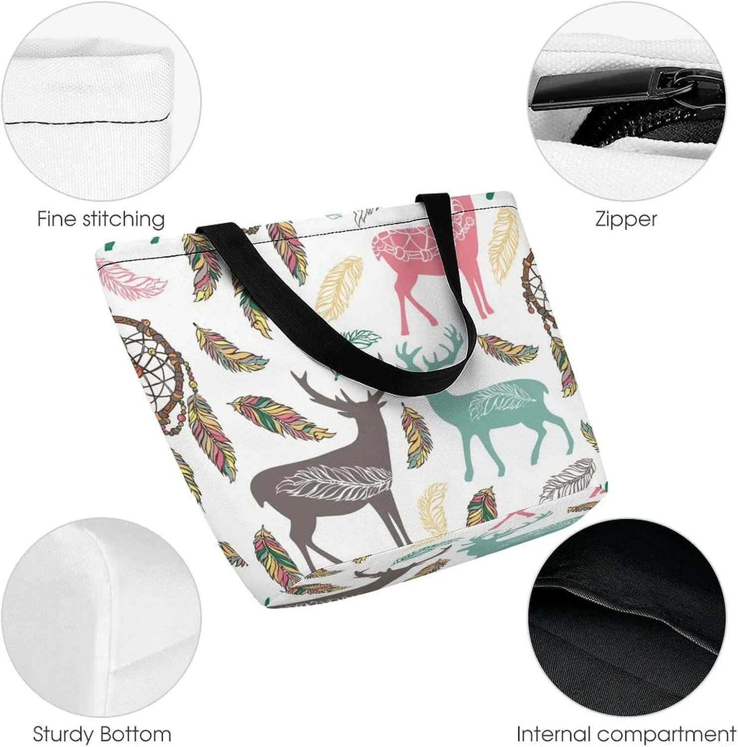 MoBlinko Dream Cather Feathers Womens Tote Bags Reusable Yoga Shoulder Bag Handbag with Zipper for Grocery Shopping Gifts