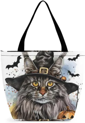 MoBlinko Halloween Cat Tote Bag for Women Reusable Shopping Bag Handbags Shoulder Bags with Zipper