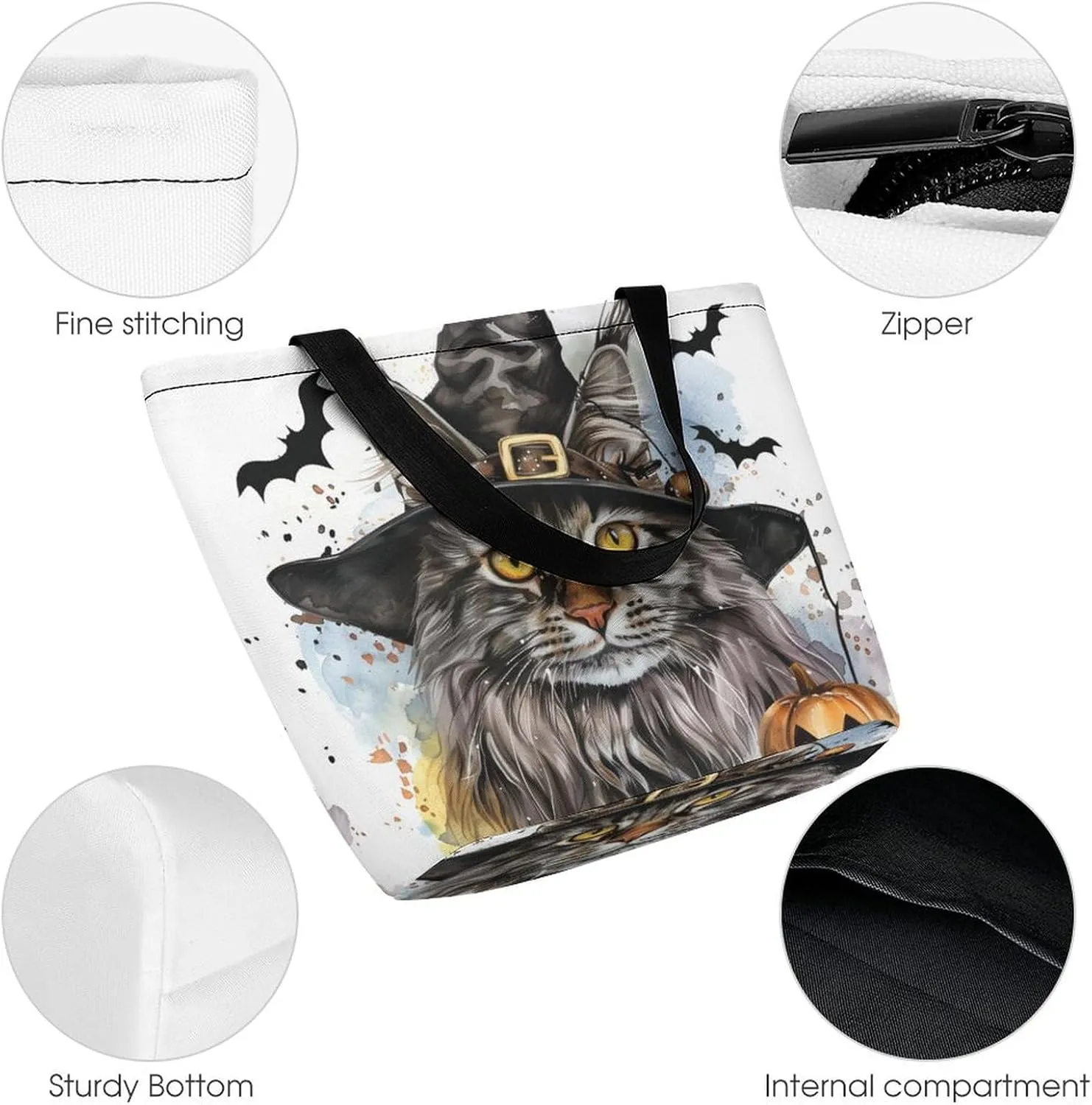 MoBlinko Halloween Cat Tote Bag for Women Reusable Shopping Bag Handbags Shoulder Bags with Zipper