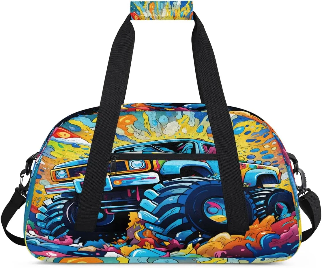 Monster Car Kids Overnighter Duffel Bags for Boys, Carry-On Size Sports Gym Bag with Front Zipper Pocket for School Practice or Overnight Travel Weekender Sleepover Tote Bag