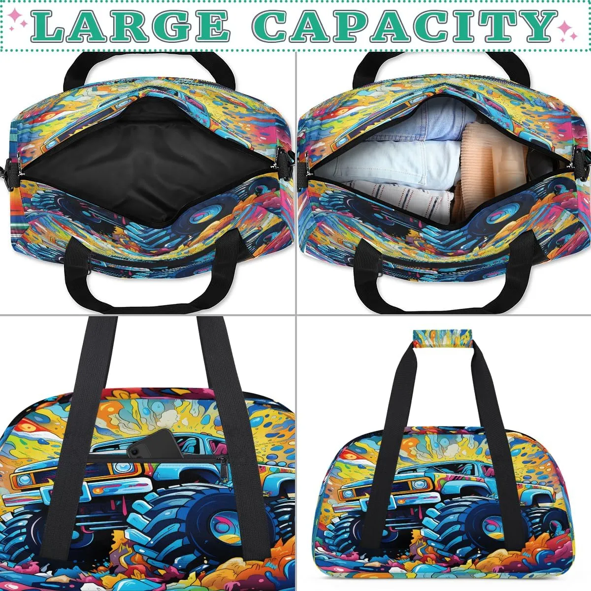 Monster Car Kids Overnighter Duffel Bags for Boys, Carry-On Size Sports Gym Bag with Front Zipper Pocket for School Practice or Overnight Travel Weekender Sleepover Tote Bag