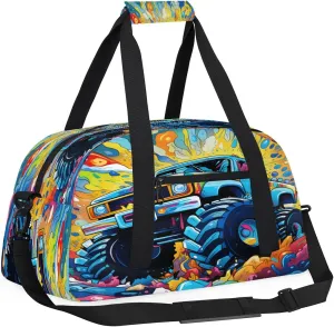 Monster Car Kids Overnighter Duffel Bags for Boys, Carry-On Size Sports Gym Bag with Front Zipper Pocket for School Practice or Overnight Travel Weekender Sleepover Tote Bag