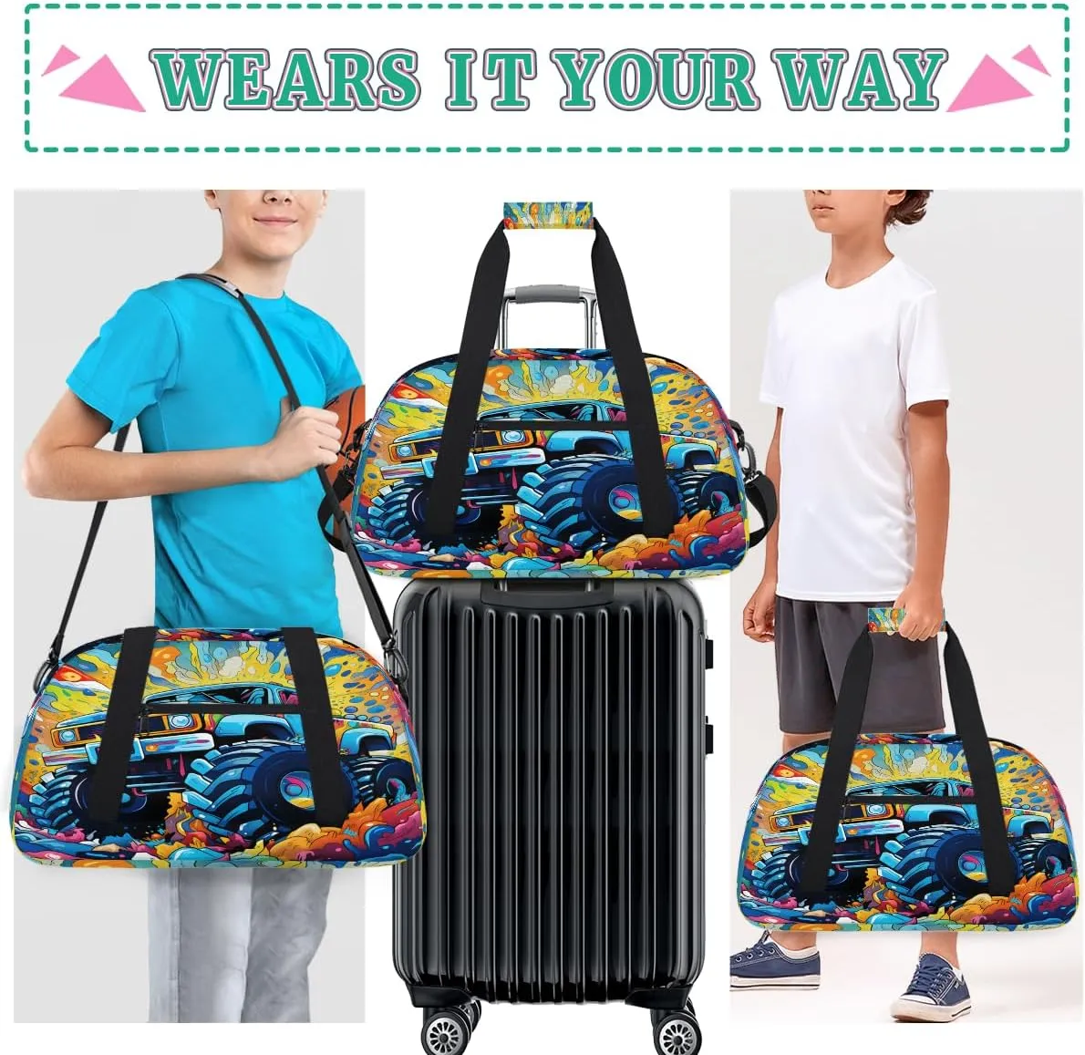 Monster Car Kids Overnighter Duffel Bags for Boys, Carry-On Size Sports Gym Bag with Front Zipper Pocket for School Practice or Overnight Travel Weekender Sleepover Tote Bag