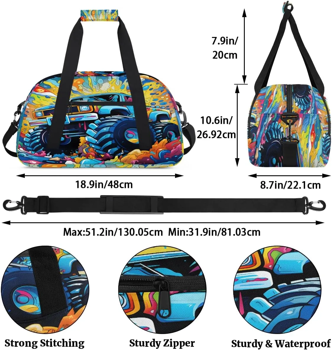 Monster Car Kids Overnighter Duffel Bags for Boys, Carry-On Size Sports Gym Bag with Front Zipper Pocket for School Practice or Overnight Travel Weekender Sleepover Tote Bag