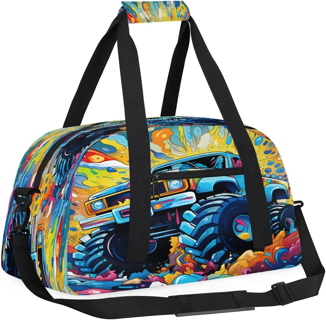 Monster Car Kids Overnighter Duffel Bags for Boys, Carry-On Size Sports Gym Bag with Front Zipper Pocket for School Practice or Overnight Travel Weekender Sleepover Tote Bag