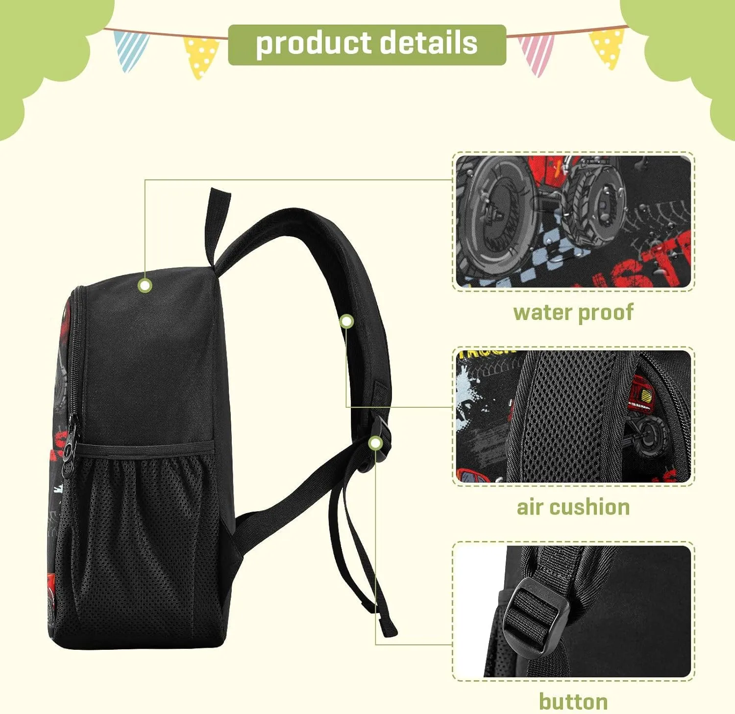 Monster Truck Toddler Backpack - Waterproof Mini Backpack for Boys/Girls - Cute Small Kindergarten Pre School Bag