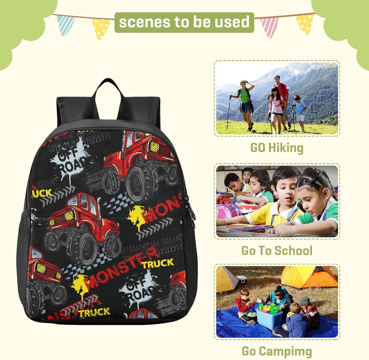 Monster Truck Toddler Backpack - Waterproof Mini Backpack for Boys/Girls - Cute Small Kindergarten Pre School Bag