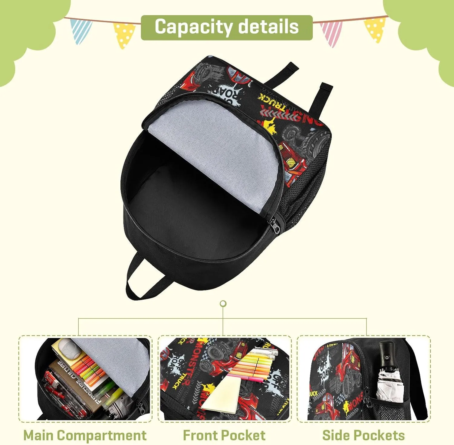 Monster Truck Toddler Backpack - Waterproof Mini Backpack for Boys/Girls - Cute Small Kindergarten Pre School Bag