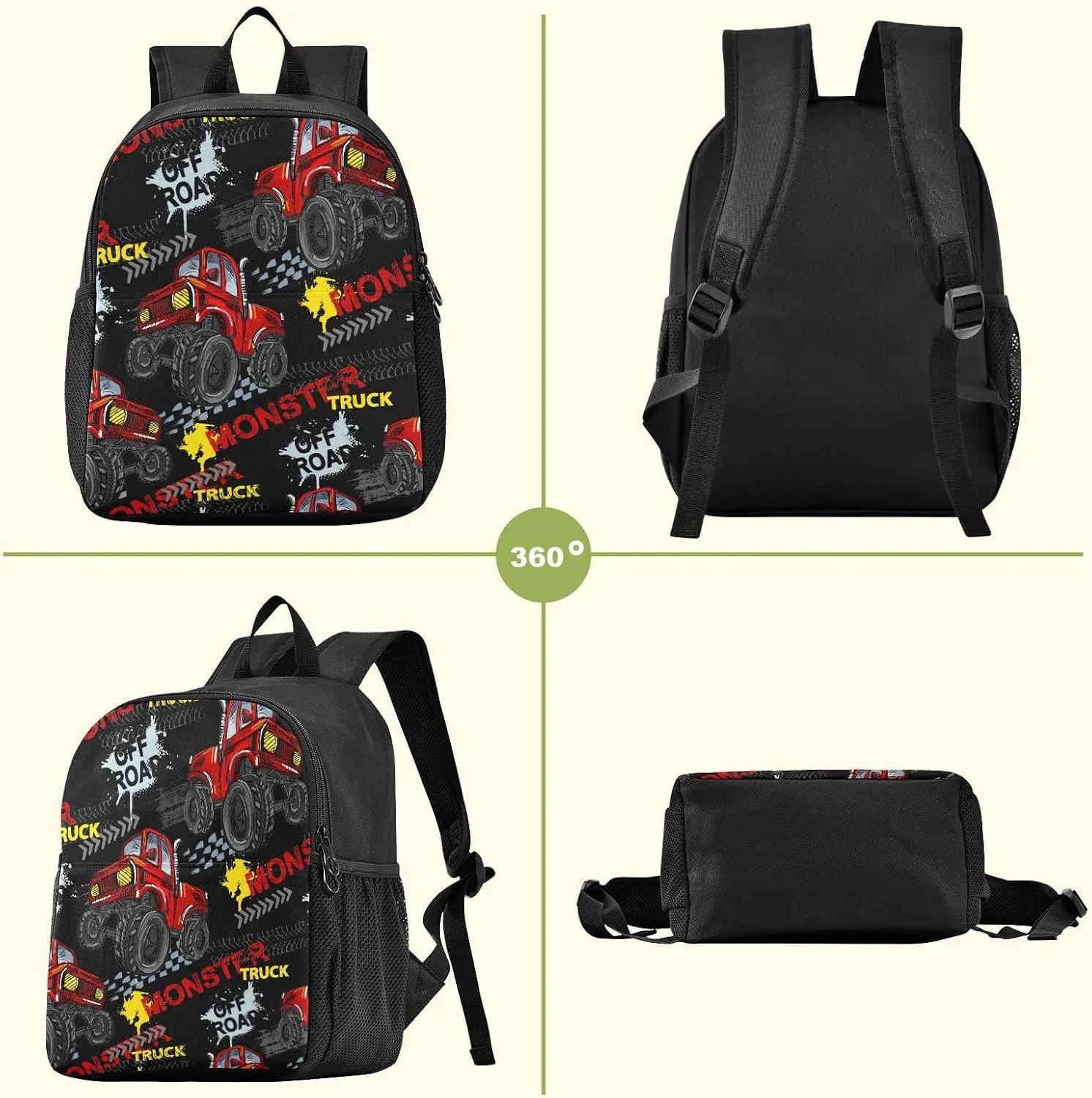 Monster Truck Toddler Backpack - Waterproof Mini Backpack for Boys/Girls - Cute Small Kindergarten Pre School Bag