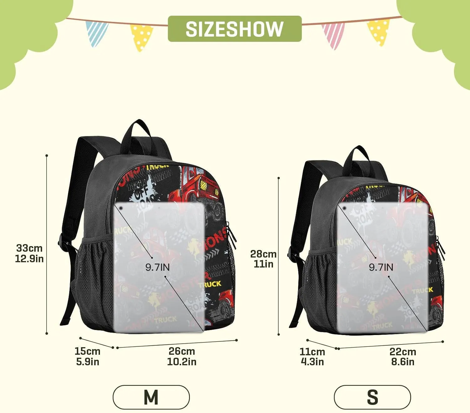 Monster Truck Toddler Backpack - Waterproof Mini Backpack for Boys/Girls - Cute Small Kindergarten Pre School Bag