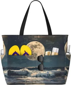 Moon And Sea Beach Tote Bag For Women Beach Bag Waterproof And Sandproof Tote Bag Large Travel Bag