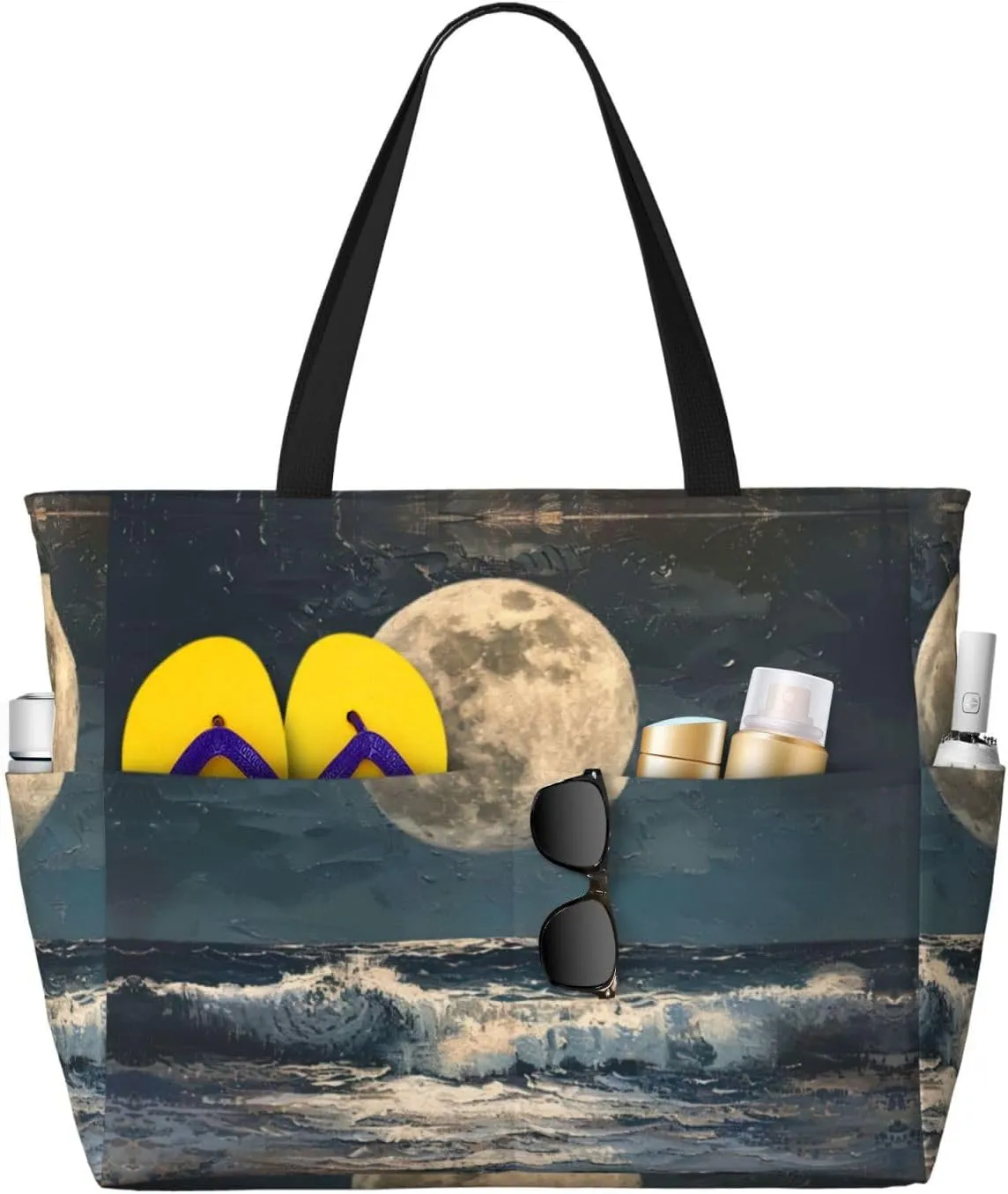 Moon And Sea Beach Tote Bag For Women Beach Bag Waterproof And Sandproof Tote Bag Large Travel Bag