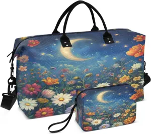 Moon Cosmos Flowers Blue Sports Gym Bag for Women Men Travel Duffel Bag Weekend Overnight Carry on Bag with Toiletry Bag Air Travel Bag for Plane Swimming Yoga