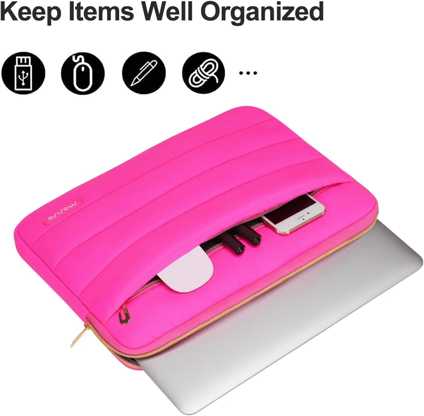 MOSISO 13-14 inch Laptop Case, 13.3 inch Puffy Laptop Sleeve Compatible with MacBook Air 13 13.6 M3 M2 M1/Pro 13/Pro 14, HP, Dell, ASUS, Lenovo, Polyester Horizontal Bag with Small Case, Rose Red