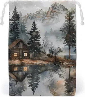 Mountain Hut by The Lake Drawstring Gift Bags Double-Sided Printing Wedding Candy Bag Birthday Party 20 * 25cm