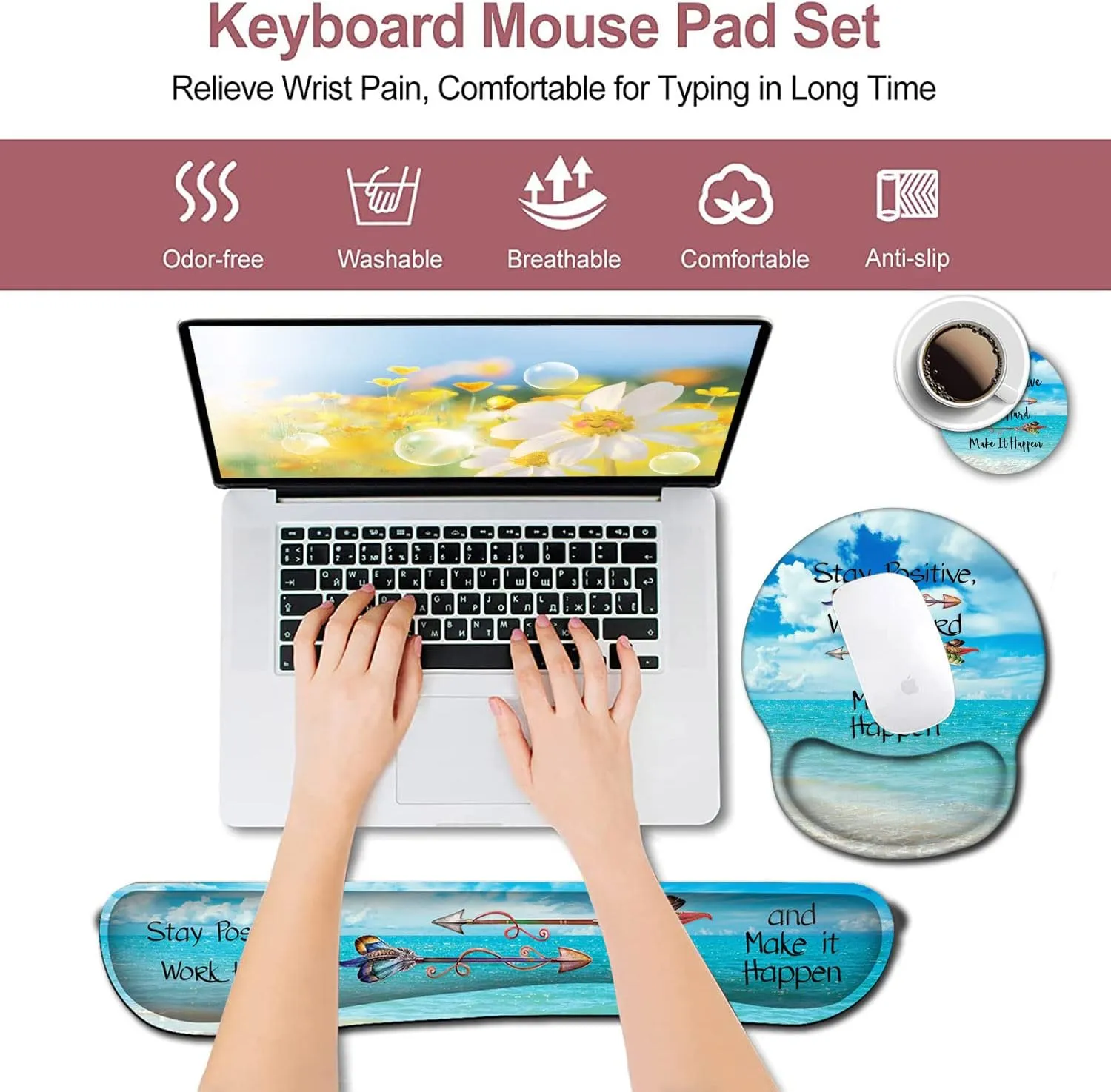 Mouse Pad Square Beach Style Anti-Slip Rubber Mousepad with Durable Stitched Edges for Gaming Office Laptop Computer PC Men Women Kids, Stay Positive Work Hard and Blue Sky Ocean Cute Custom Pattern