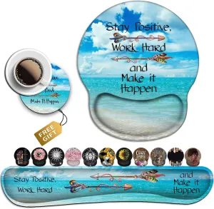 Mouse Pad Square Beach Style Anti-Slip Rubber Mousepad with Durable Stitched Edges for Gaming Office Laptop Computer PC Men Women Kids, Stay Positive Work Hard and Blue Sky Ocean Cute Custom Pattern