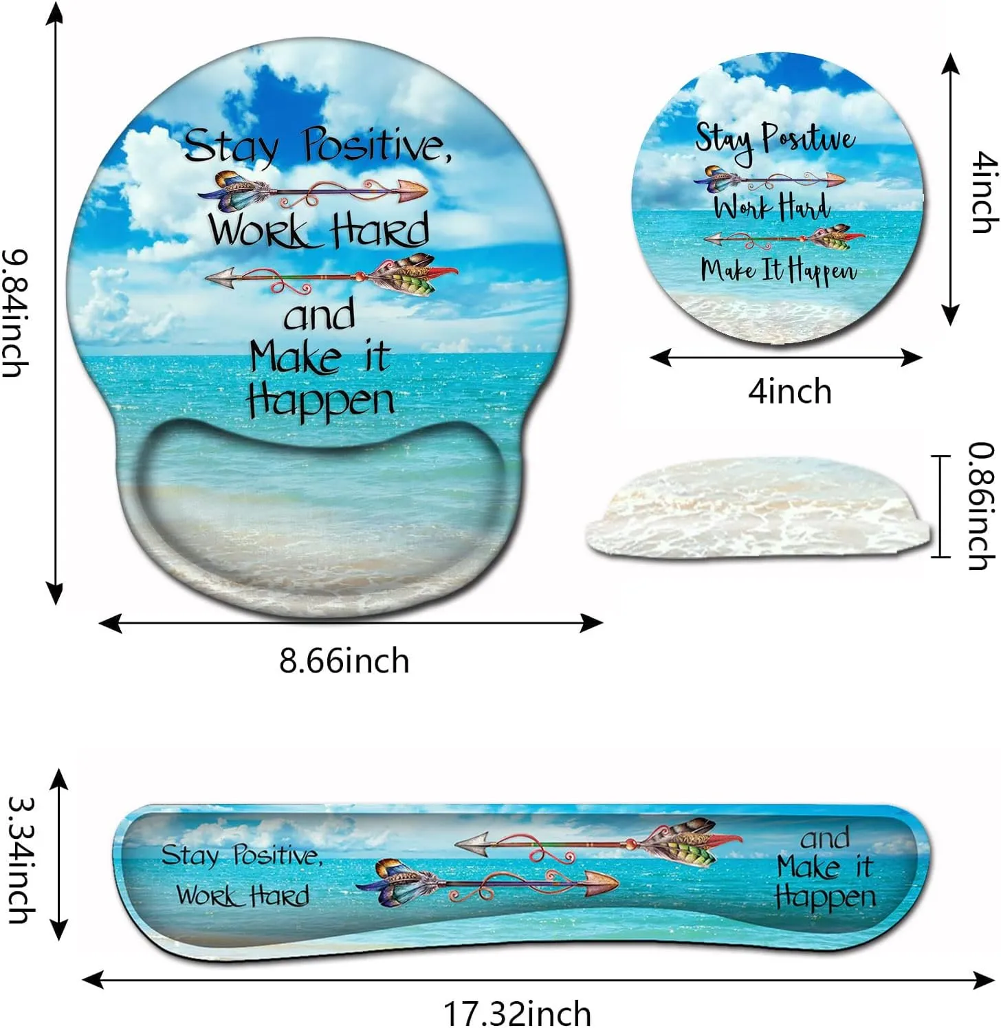 Mouse Pad Square Beach Style Anti-Slip Rubber Mousepad with Durable Stitched Edges for Gaming Office Laptop Computer PC Men Women Kids, Stay Positive Work Hard and Blue Sky Ocean Cute Custom Pattern