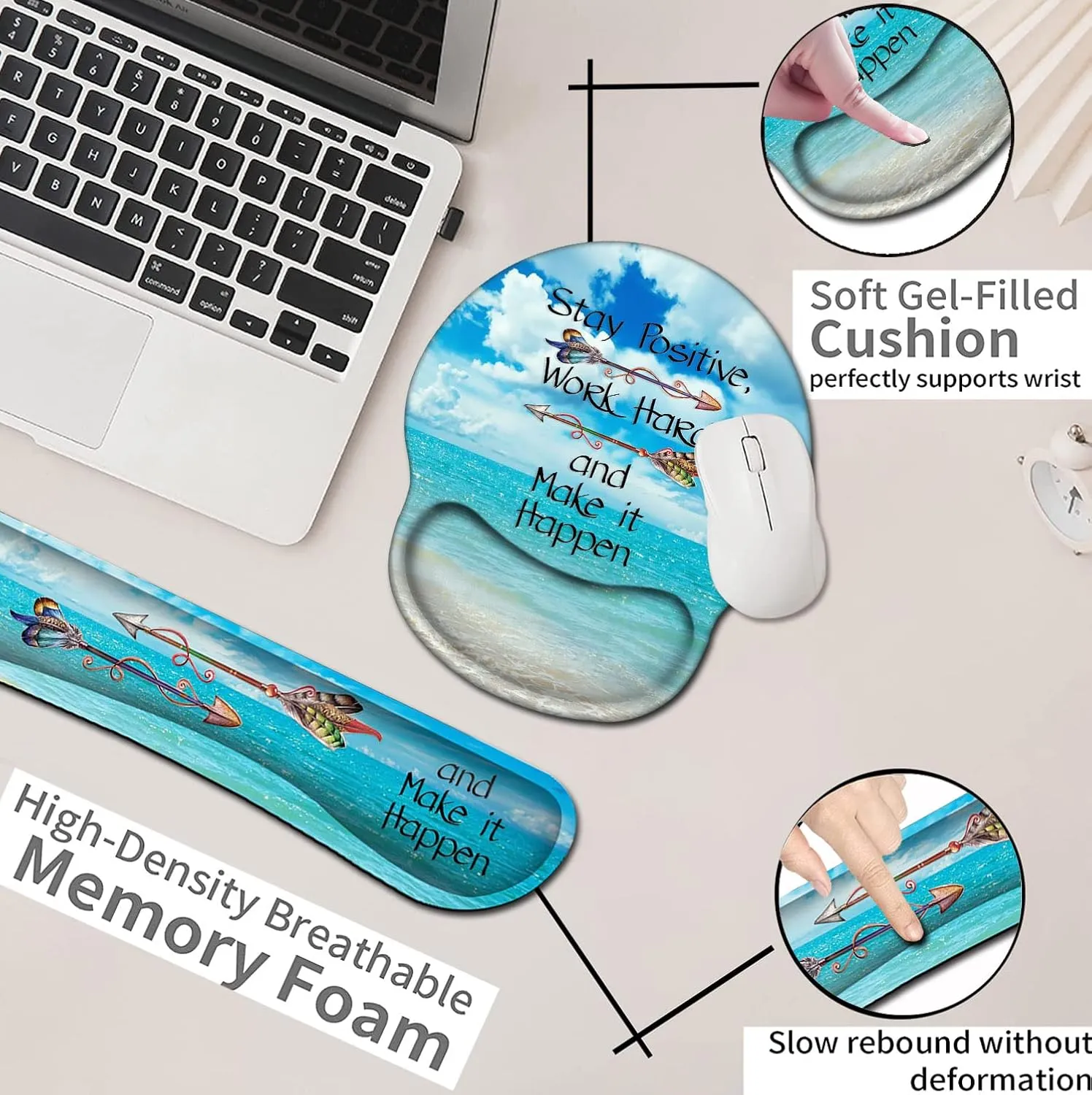 Mouse Pad Square Beach Style Anti-Slip Rubber Mousepad with Durable Stitched Edges for Gaming Office Laptop Computer PC Men Women Kids, Stay Positive Work Hard and Blue Sky Ocean Cute Custom Pattern