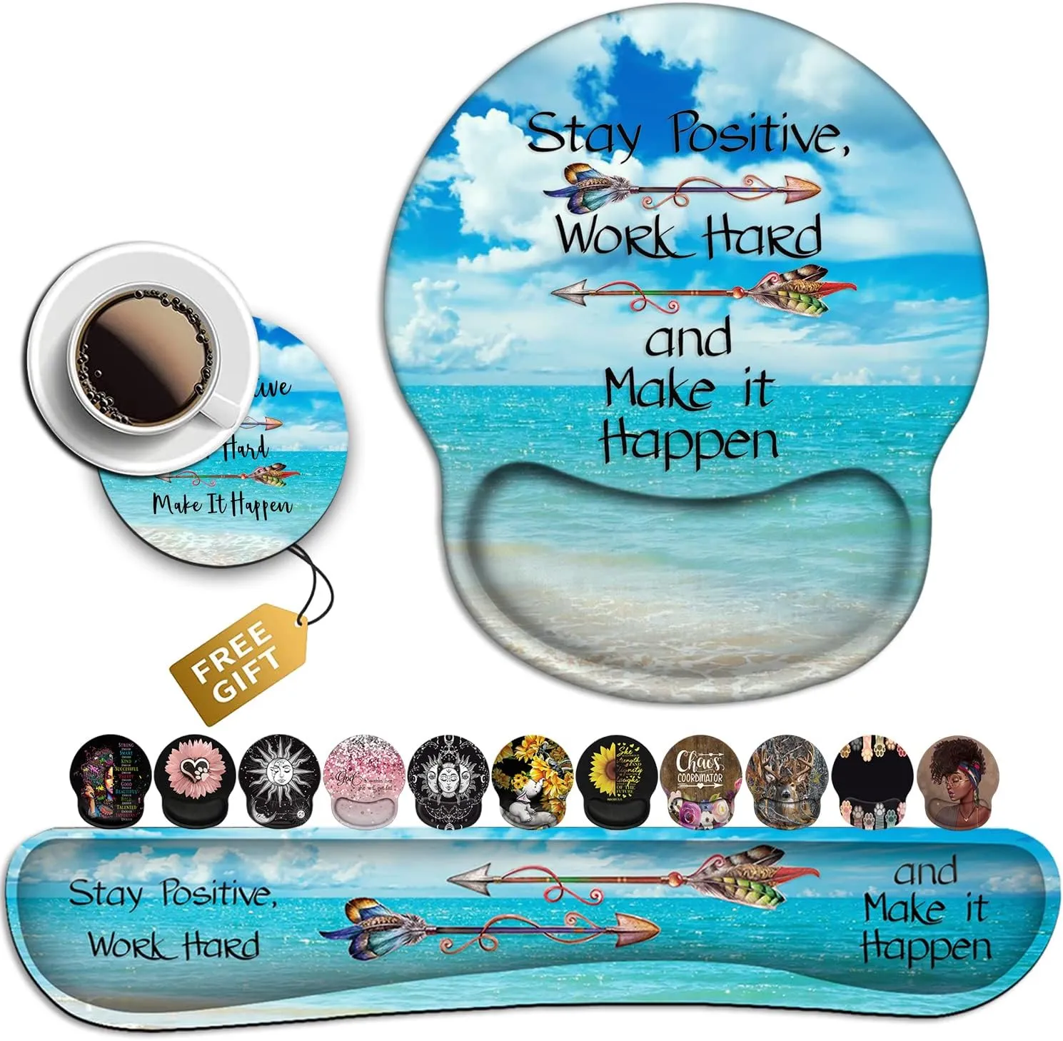 Mouse Pad Square Beach Style Anti-Slip Rubber Mousepad with Durable Stitched Edges for Gaming Office Laptop Computer PC Men Women Kids, Stay Positive Work Hard and Blue Sky Ocean Cute Custom Pattern