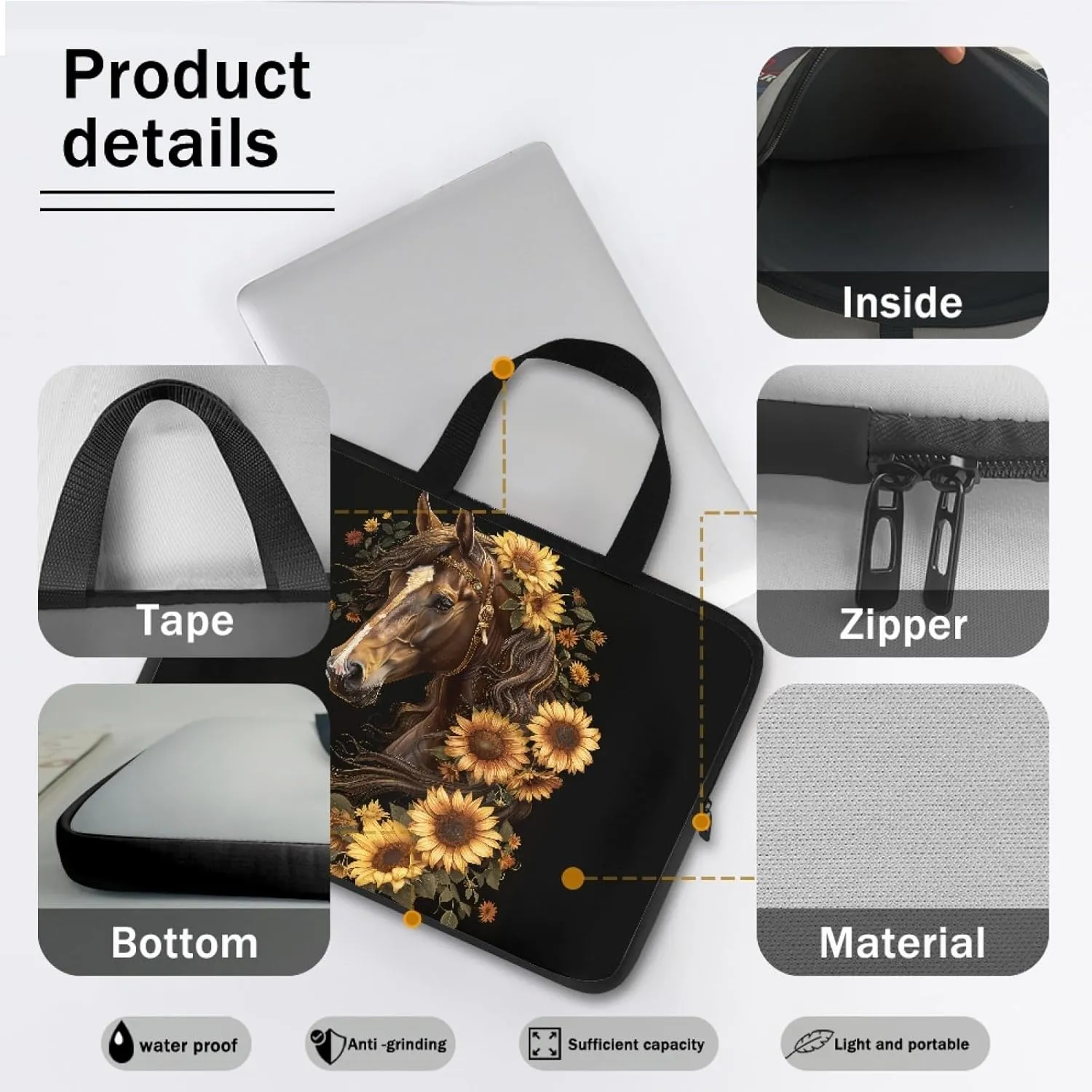 Mumeson Horse 3D Print Laptop Cover Bag Durable Laptop Computer Carrying Bag Handbag Tablet Briefcase Handbag Slim Laptop Case Tote Bag