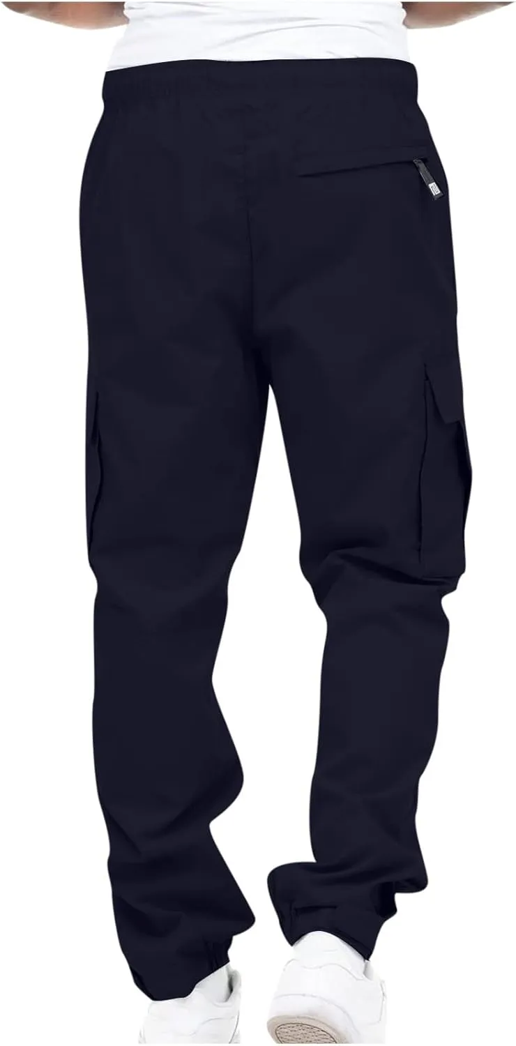 Muscularfit Cotton Pants for Men 2024 Fall Fashion Stretch Waist Multi Pockets Cargo Pants Causal Solid Athletic Sweatpants