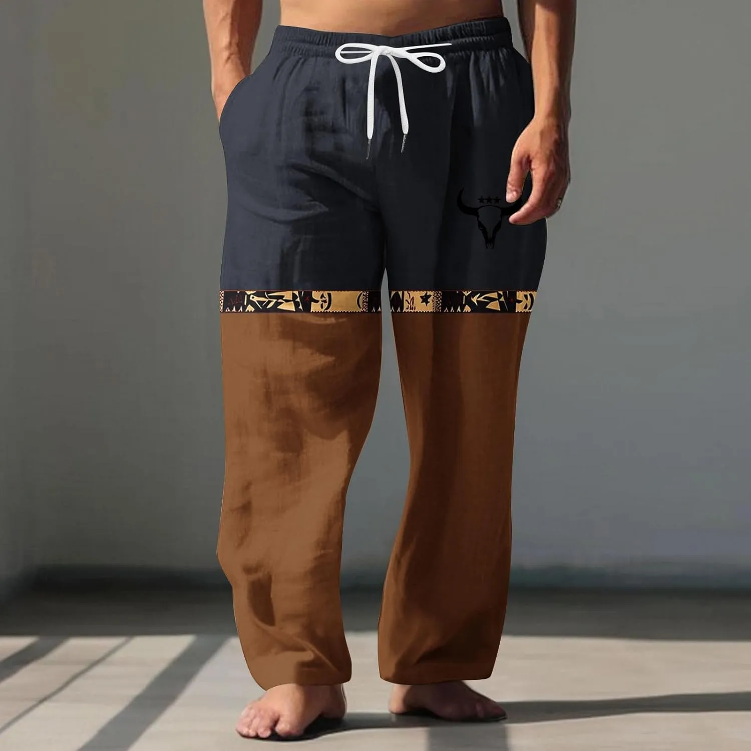Muscularfit Linen Pant for Men Summer Casual Drawstring Elastic Waist Baggy Trouser with Pockets Ethnic Print Beach Sweatpant